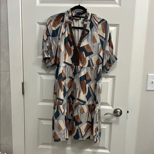 THML Geometric Midi Dress in Blue, Brown, and Cream